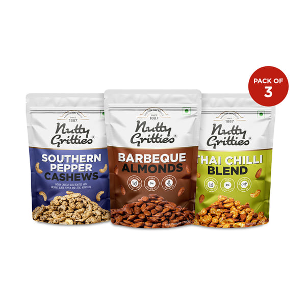 Buy Nutty Gritties Southern Pepper Cashews, Barbeque Almonds and Thai Chilli Blend - 600g (3 Pack of 200g each) on EMI