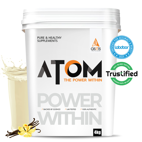 Buy AS-IT-IS ATOM Whey Protein 4kg | 27g protein | Isolate & Concentrate | French Vanilla | USA Labdoor Certified | With Digestive Enzymes for better absorption on EMI