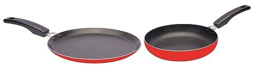 Buy Blue Line Gold Aluminium Nonstick Duo Pack Flat Tawa 240 And Fry Pan 220 Gift Set (Red) on EMI