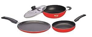 Buy Blue Line Gold Aluminium Nonstick Trio Pack Induction Compatible Base Cookware Set, Including Nonstick Dosa Tawa 26Cm, Nonstick Kadai With Glass Lid 22Cm, And Nonstick Frying Pan 22Cm, (Red) on EMI