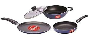 Buy Blue Line Gold Aluminium Nonstick Trio Pack Induction Compatible Base Cookware Set, Including Nonstick Dosa Tawa 26Cm, Nonstick Kadai With Glass Lid 22Cm, And Nonstick Frying Pan 22Cm, (Blue) on EMI