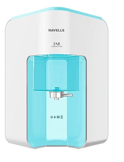 Buy Havells Fab Alkaline Water Purifier, First corner mounting design (Patented)|Copper+Zinc+Alkaline+Natural Minerals|7 Stage Purification|7L Transparent Tank|Filter alert|RO+UV Tech. (White & Sky Blue) on EMI