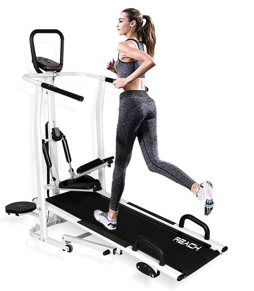 Buy Reach T-100 4 in 1 Manual Treadmill for Home Gym | Multi-Functional (Jogger, Twister, Stepper & Push-up bar) Treadmill | 3 Level Manual Incline | For Full Body Workouts | Max User Weight 120kg on EMI