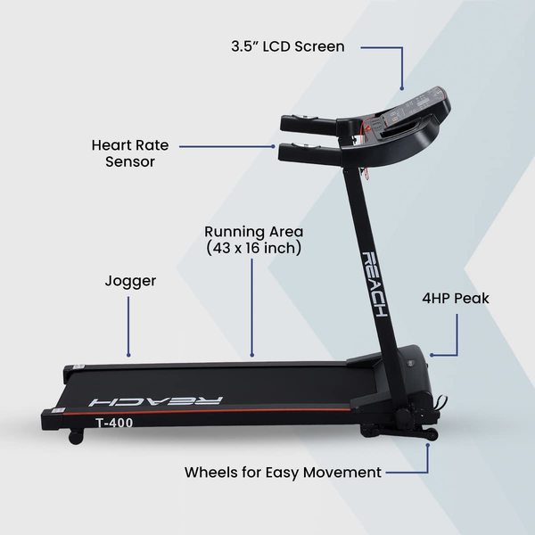 Buy Reach T-400 PT [4HP Peak] Multipurpose Automatic Treadmill with Manual Incline and LCD Display | Pushup Bar & Twister | Foldable | Max Speed 12km/hr | Max User Weight 110 Kg on EMI
