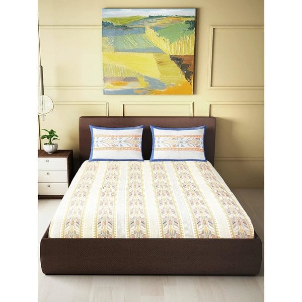 Buy SOULFUL THREADS KATHA PRINT HAND WORK MULTICOLOUR 180 TC COTTON DOUBLE BEDSHEET WITH 2 PILLOW COVERS on EMI