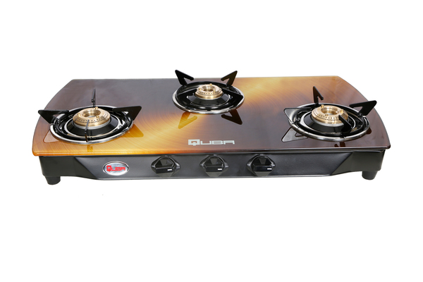 Buy QUBA 3 Burners Gas Stove In Copper Color Glass Top 2 Years Warranty (Manual Ignition) on EMI