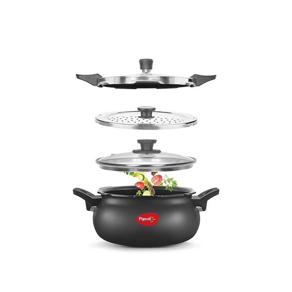 Buy Pigeon By Stovekraft All in One Super Cooker Aluminium with Outer Lid Induction and Gas Stove Compatible 5 Litre Capacity for Healthy Cooking (Black) on EMI