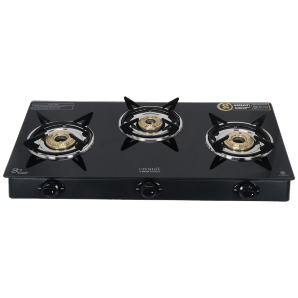 Buy Croma Toughened Glass Top 3 Burner Manual Gas Stove (Black) With 2 Years Warranty - A Tata Product on EMI