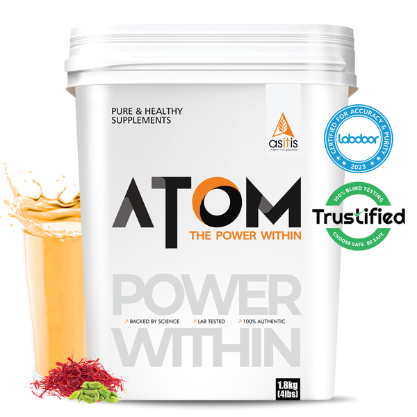 Buy AS-IT-IS ATOM Whey Protein 1.8kg | 27g protein | Isolate & Concentrate | Kesar Elaichi | USA Labdoor Certified | With Digestive Enzymes for better absorption on EMI