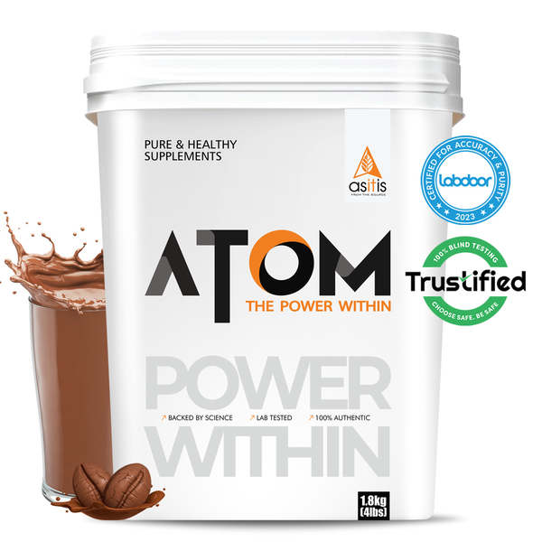 Buy AS-IT-IS ATOM Whey Protein 1.8kg | 27g protein | Isolate & Concentrate | Mocha Cappuccino | USA Labdoor Certified | With Digestive Enzymes for better absorption on EMI
