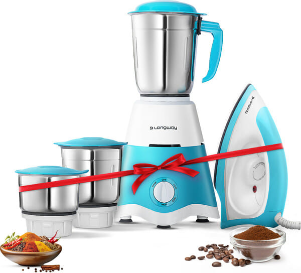 Buy Longway Super Dlx Mixer Grinder with Kwid 1100W Dry Iron, 500 W Powerful Motor, 3 Jars for Grinding, Mixing, Juicing, (Blue & White, Combo Offer) on EMI