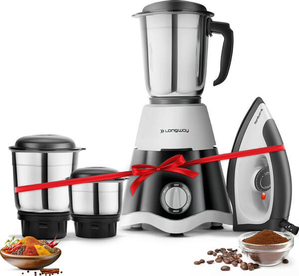 Buy Longway Super Dlx Mixer Grinder with Kwid 1100W Dry Iron, 500 W Powerful Motor, 3 Jars for Grinding, Mixing, Juicing, (Black & Gray, Combo Offer) on EMI