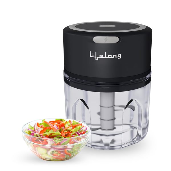 Buy Lifelong USB Rechargeable Wireless Electric Chopper with Stainless Steel Blades for Onion, Garlic, Vegetables, Nuts, Meat - 250 ML (Black) on EMI