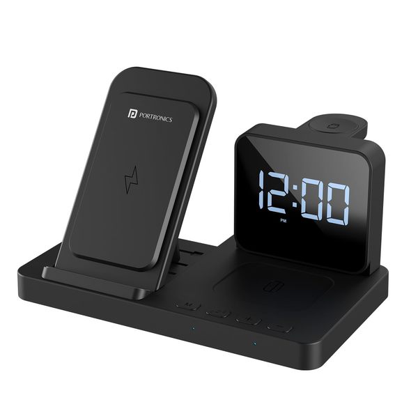 Buy Portronics Bella 15W Wireless Charger with Alarm Clock, Phone Charging, Earbud Charging, Watch Charging, QI Enable Mobile Phones(Black) on EMI