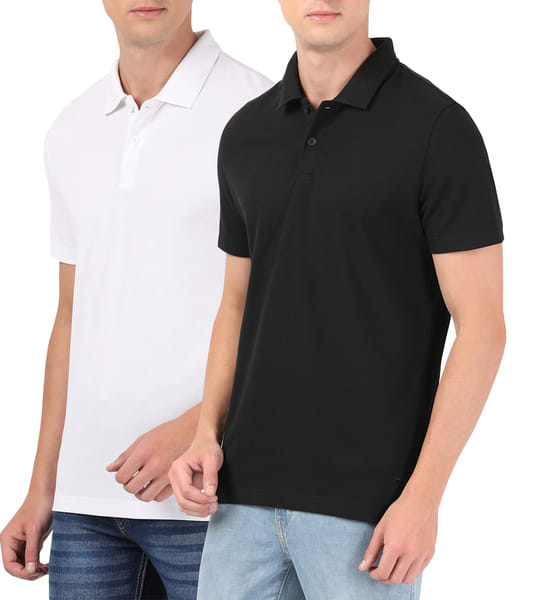 Buy Woyak Combo Men Polo Neck Pure Cotton Solid Colored T Shirt (Black & White) on EMI