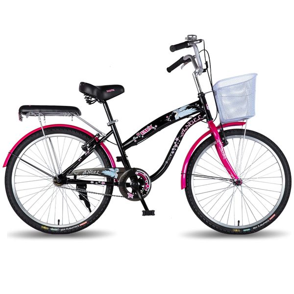 Buy Vaux Angel 24T Women Bicycle for Age Group 10+ Years with Heavyduty Basket & Cushion Backseat, Light Weight Ladies Cycle with Alloy Rims, Ralson Tyres & V-Brakes, Ideal for Height 4ft+ (Black) on EMI