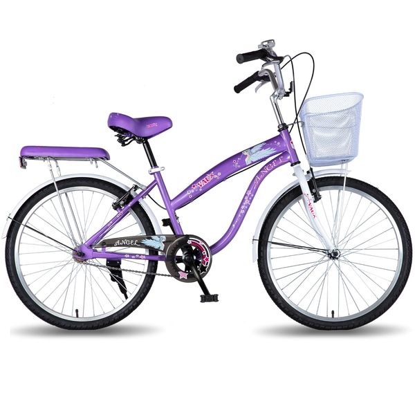 Buy Vaux Angel 24T Women Bicycle for Age Group 10+ Years with Heavyduty Basket & Cushion Backseat, Light Weight Ladies Cycle with Alloy Rims, Ralson Tyres & V-Brakes, Ideal for Height 4ft+ (Purple-White) on EMI