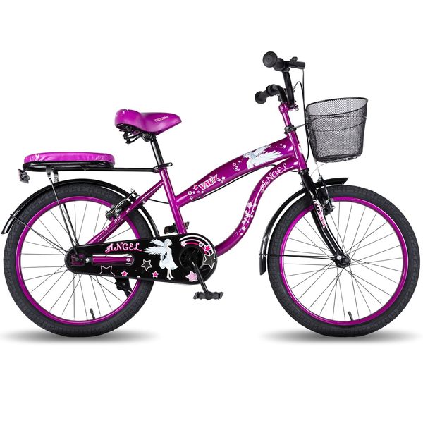 Buy Vaux Angel Cycle for Girls 5 to 8 Years with Basket and Backseat, 20t Cycle for Kids with Hi-Ten Steel Frame, Steel Rims, Tubular Tyres, Bicycle for Girls with Ideal Height 3ft 6 inch +(Purple-Black) on EMI