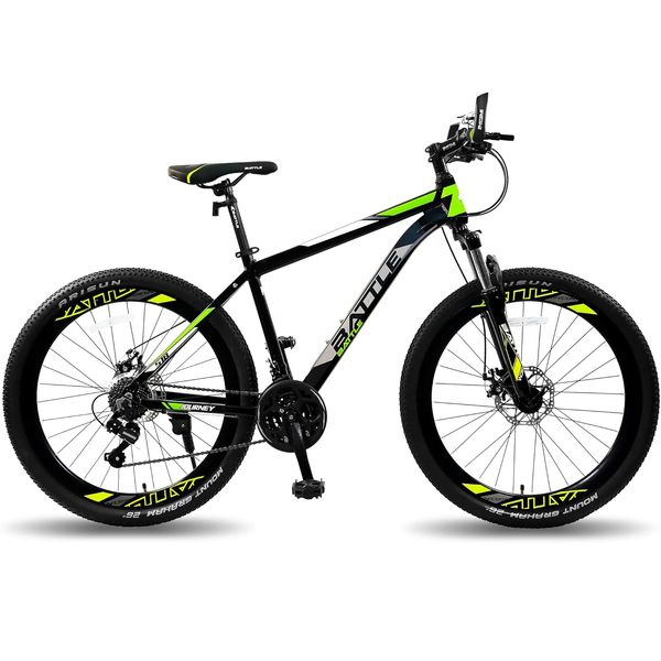 Buy Vaux Battle 518 Gear Cycle for Boys 26T Age 12+ Years with 21 Speed Shimano Gears & Alloy Frame, MTB for Men & Women with Double Disc Brakes & Lockout Suspension, Ideal Height 4'8"+(Green), Front on EMI