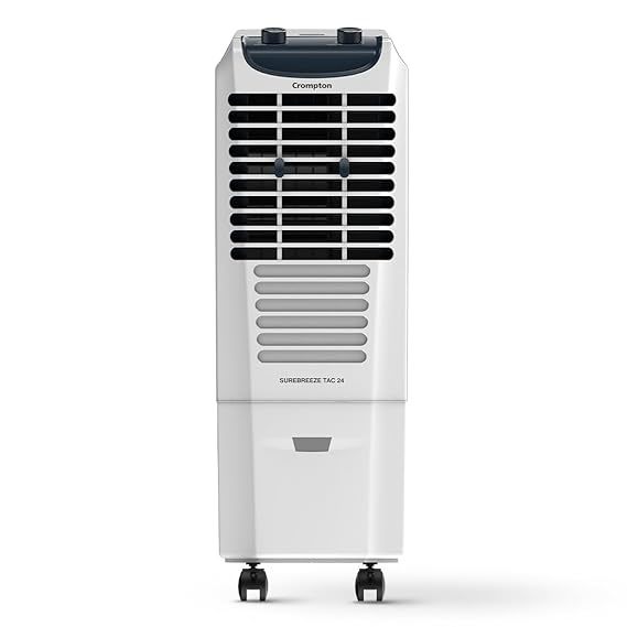 Buy Crompton Surebreeze Tower Air Cooler-24L; Auto Fill, 4-Way Air Deflection and High Density Honeycomb pads; Indian ink and white colour on EMI