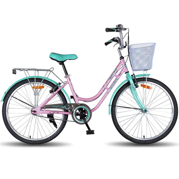 Buy Vaux Pearl Lady Bicycle for Women for an Age Group of 10+ Years with Heavyduty Carrier and Basket, Light Weight 24 inch Ladies Cycle with Alloy Rims,Powerful V-Brakes and Ralson Tyres(Green-Pink) on EMI