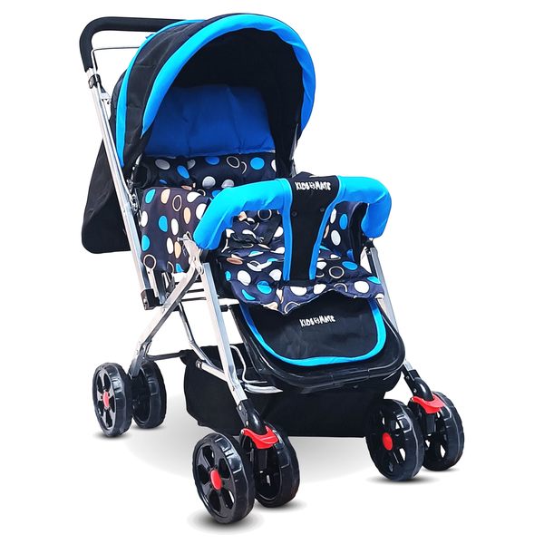 Buy Kidsmate Jumbo Pram Cum Stroller for 0 to 3 Years | New Born/Toddler/Kid | Safety Harness | Adjustable Backrest | 360 Swivel Wheel | Large Storage Basket | Reversible Handlebar (Blue) on EMI