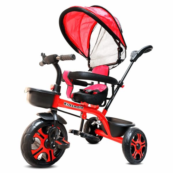 Buy Kidsmate Champ Tricycle with Canopy | Safety Guard Rail and Parental Control | Fabric Cushion Seat & Bell for 12 Months to 48 Months Boys/Girls (Red) on EMI