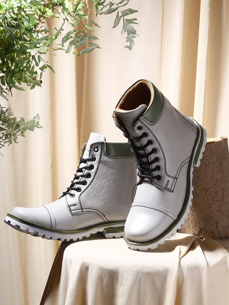 Buy Woakers Synthetic Leather Colourblocked Men's Boots (Grey) on EMI