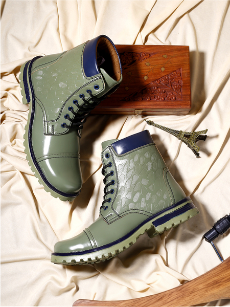 Buy Woakers Synthetic Leather Colourblocked Men's Boots (Green) on EMI