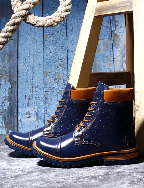 Buy Woakers Synthetic Leather Colourblocked Men's Boots (Blue) on EMI