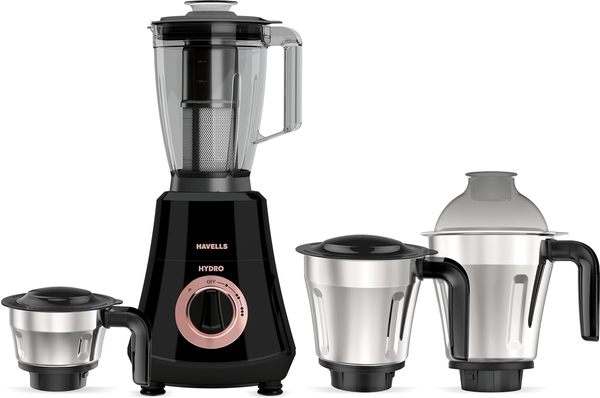Buy Havells Hydro Plus 1000 watt 4 Jar Mixer Grinder with Ball Bearing Motor, 22000 RPM, Wider mouth Stainless Steel Jar, Hands Free operation, SS-304 Grade Blade & 5 year motor warranty on EMI