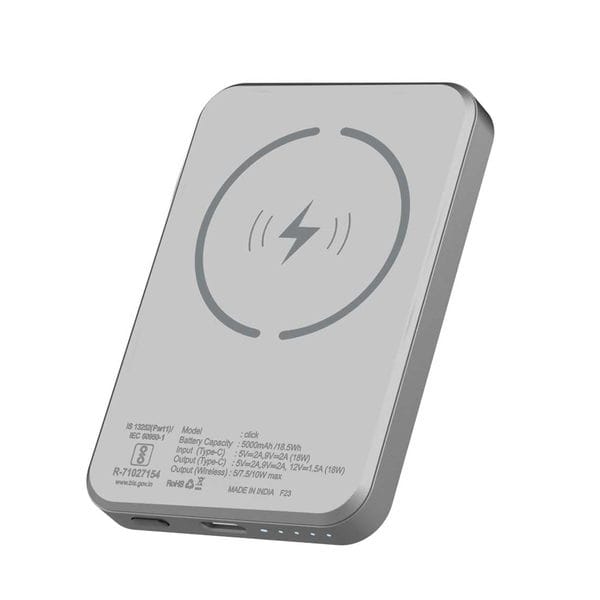 Buy Stuffcool Click 5000mAh Made in India Magnetic Wireless Powerbank with 18W PD Fast Charing Type C Port Perfect for iPhone 12/13/14 Series (Metallic Grey) on EMI