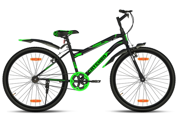 Buy GANG CATCHER UG Non-Suspension V-Brake 26T (Frame : 15 Inches) Single Speed Mountain Cycle (Black, Pantone Green) on EMI