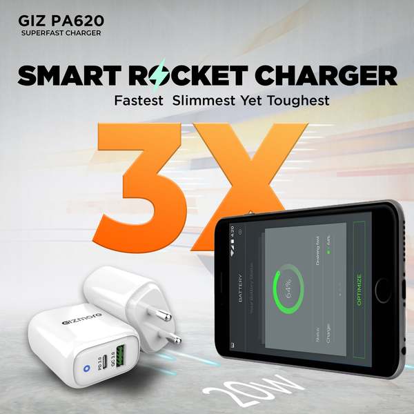 Buy Gizmore 20W Charger|GIZ PA620|3.1A Output |QC & PD support Fast Charger| Multiport Universal Charger with OVP & OCP Protection| 1M Type C detachable Cable included with Charger(White, Cable Included) on EMI