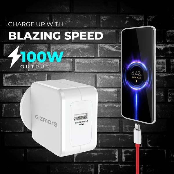 Buy GIZMORE PA100 ULTRA 100W Super VOOC USB Fast Charger Adapter Compatible with All Smartphone, Compact & Lightweight with Secure Charging, Versatile Protocol QC2.0/QC3.0/DCP, AFC and FCP with Cable on EMI