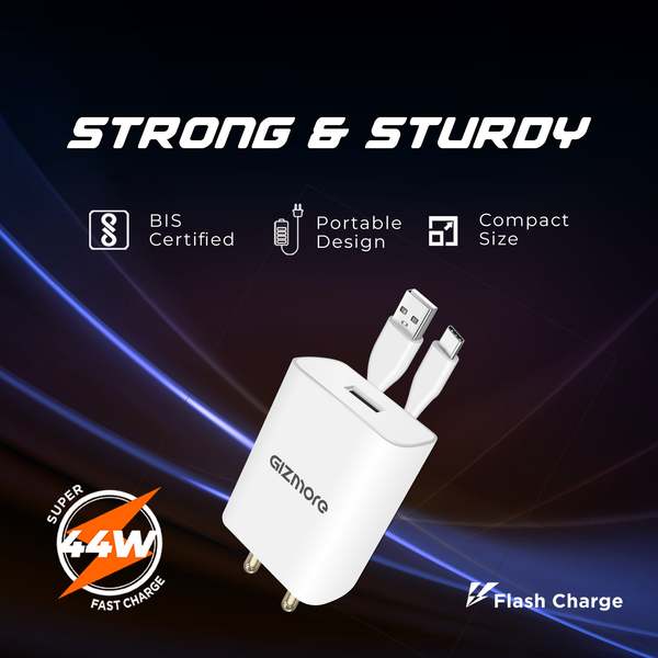 Buy GIZMORE PA644 44W FLASH & SUPER VOOC USB Fast Charger Adapter Compatible with All Smartphones, Compact & Lightweight with Secure Charging, Versatile Protocol QC2.0/QC3.0/AFC, SUPERVOOC/ DASH/ WARP/DART and FLASH with Cable on EMI