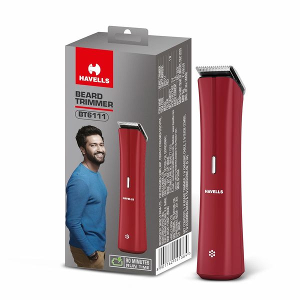 Buy Havells BT6111 Beard Trimmer, Skin Firendly Stainless Steel Blades, 90 mins runtime, up to 13 mm length settings, 2 Years Guarantee (Red) on EMI