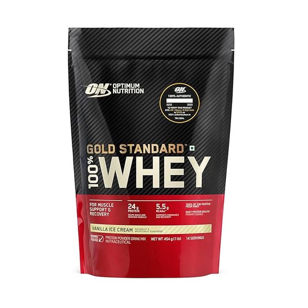 Buy Optimum Nutrition (ON) Gold Standard 100% Whey Protein 1lbs | 14 Serving | 24g Protein | Vanilla Ice Cream Flavour | Muscle Support | Recovery on EMI