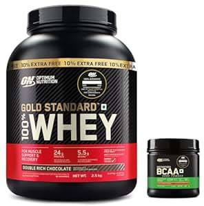 Buy Optimum Nutrition (ON) Gold Standard 100% Whey Protein Powder - 5 lb (+10% Extra), 2.5 kg - Double Rich Chocolate & Optimum Nutrition BCAA, 5g BCAAs in 2:1:1 Ratio, 30 servings, (250gm, Fruit Punch) (Combo) on EMI