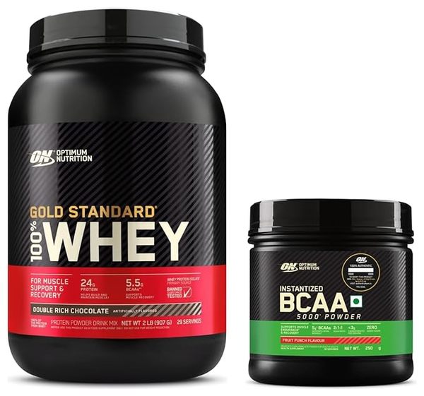 Buy Optimum Nutrition (ON) Gold Standard 100% Whey Protein Powder 2 lbs, 907 g (Double Rich Chocolate) & Optimum Nutrition BCAA, 5g BCAAs in 2:1:1 Ratio, 30 servings (250gm, Fruit Punch) (Combo) on EMI