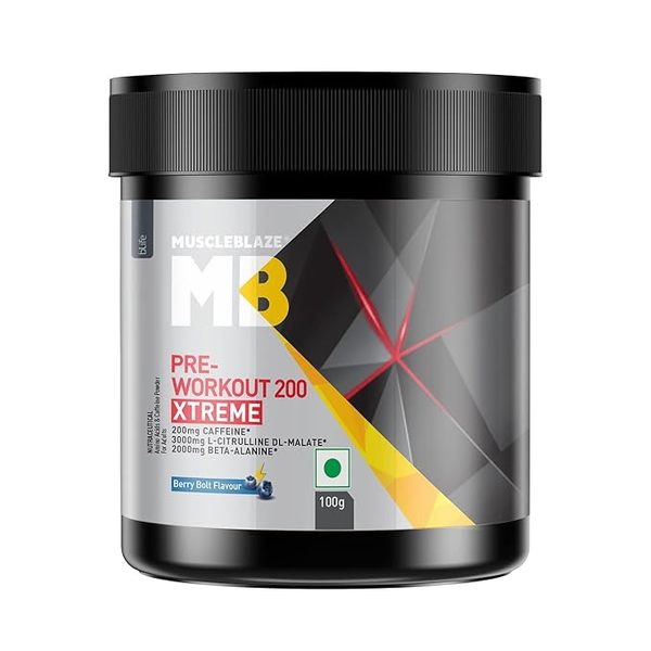 Buy MuscleBlaze Pre Workout 200 Xtreme, 200Mg Caffeine, 200Mg Theanine, 2000Mg Beta Alanine, 3000Mg Citrulline (Berry Bolt, 100 G, 15 Servings), Powder,Pack of 1 on EMI