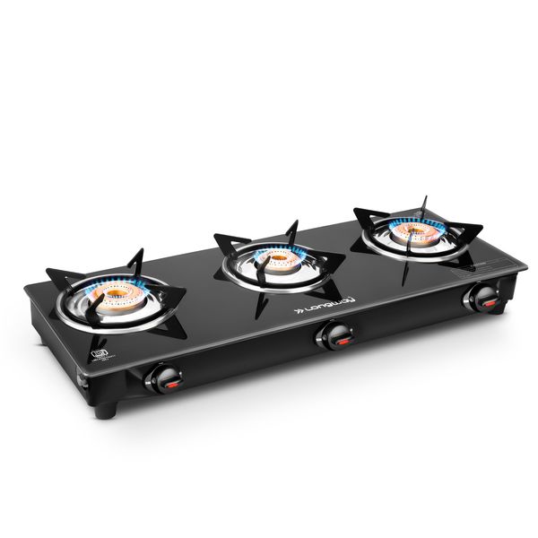 Buy Longway Furn Glass Top, 3 Burner Manual Ignition Glass Gas Stove (Black, ISI Certified, 1 Year Warranty) on EMI