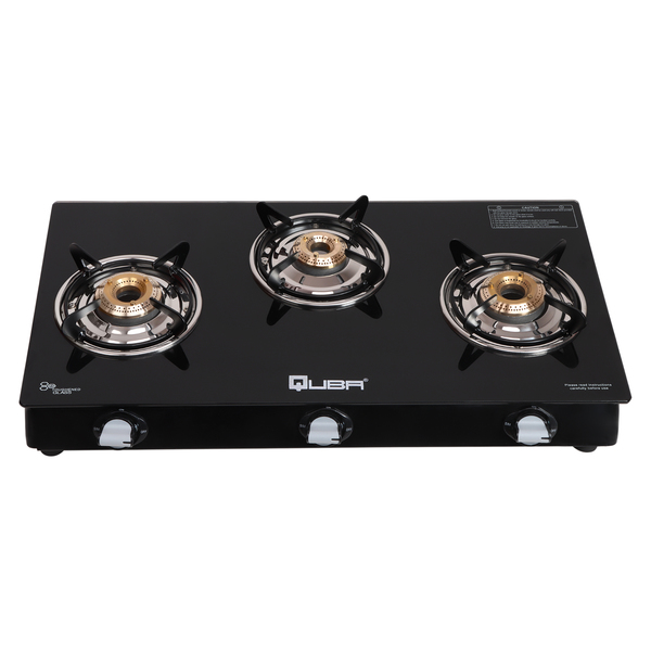 Buy QUBA 3 Burner Gas Stove Black Powder Coasted Glass Top 2 Year Warranty ISI Certified on EMI