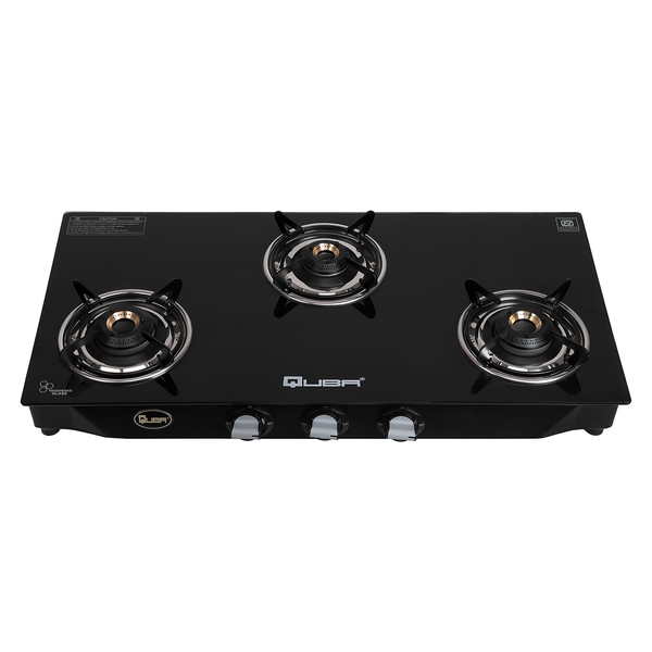 Buy QUBA 3 Burner Gas Stove Black Powder Coasted Glass Top 2 Year Warranty ISI Certified on EMI