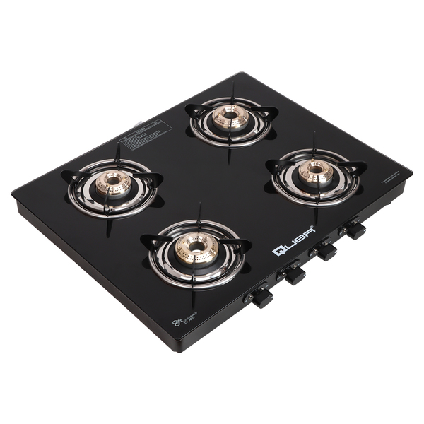 Buy QUBA 4 Burner Gas Stove Black Powder Coasted Glass Top 2 Year Warranty ISI Certified on EMI