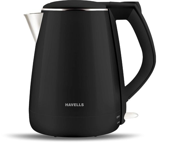 Buy Havells Electric Kettle Aqua Plus 1250 Watts 1.2 liters , Double Layered Cool Touch Outer Body | 304 Rust Resistant SS Inner Body with Auto Shut Off | Wider Mouth (Black) on EMI