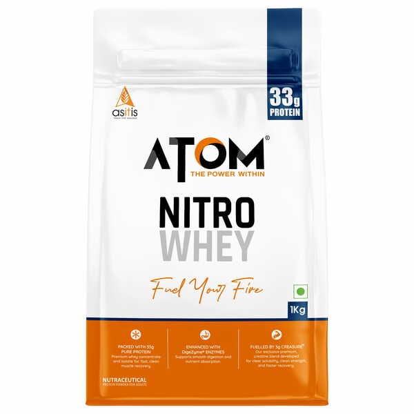 Buy AS-IT-IS Nutrition ATOM Nitro Whey with Creasure I 33g Protein, 3g Creasure, 7.4g BCAA I Muscle Building & Fast Recovery Formula I Performance Booster I 1 Kg, Double Rich Chocolate on EMI