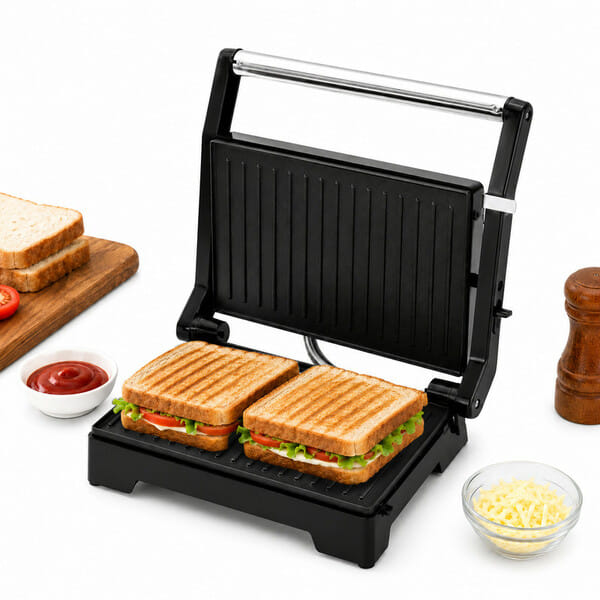 Buy Longway Crisp Master 1000 W Electric Panini Sandwich Maker, Grill & Toaster, Non-stick Coating Cast Aluminum Plates, Grills Sandwiches, Bread, Burger, Grilled Chicken & Kebabs (Metallic Silver) on EMI