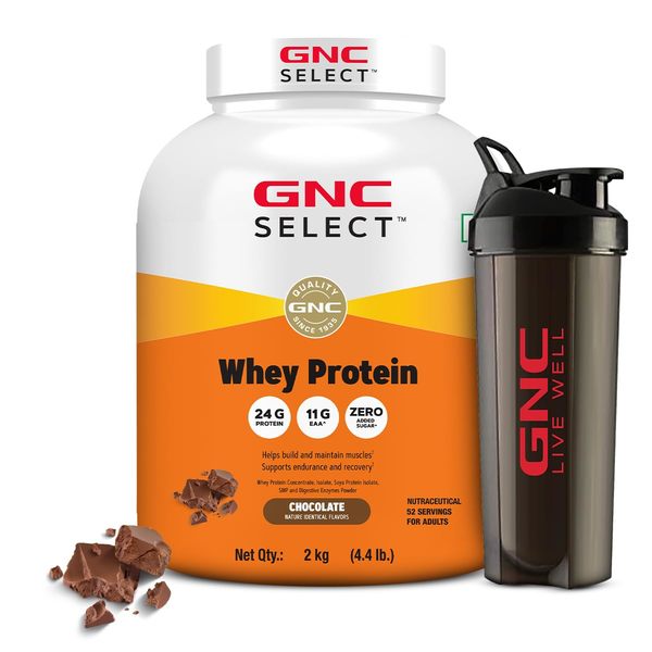 Buy GNC Whey Protein Powder With Free Shaker | 4.4 LBS (2KG) | Chocolate | Digestive Enzyme For Better Digestion | Faster Muscle Recovery | 24 Gm Protein | Boosts Strength & Endurance | Zero Added Sugar | Builds Lean Muscles on EMI