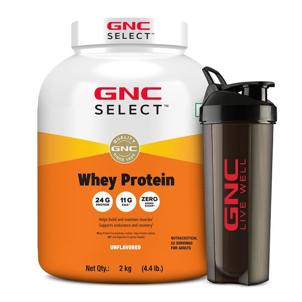 Buy GNC 100% Whey Protein Powder With Free Shaker | 4.4 LBS (2KG) | Unflavoured | Digestive Enzyme For Better Digestion | Faster Muscle Recovery | 24 Gm Protein | Boosts Strength & Endurance | Zero Added Sugar | Builds Lean Muscles on EMI